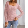 MEROKEETY Womens Fall Lace Mesh Long Sleeve Blouse Tops Dressy Henley Shirt | 2026, Casual, Square Neck, Jacquard, Sheer, Fitted, Cinched Waist, Ruched, Date Night, Club, Going out, Fashion Outfit(Pink)