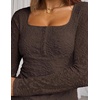 MEROKEETY Womens Fall Lace Mesh Long Sleeve Blouse Tops Dressy Henley Shirt | 2026, Casual, Square Neck, Jacquard, Sheer, Fitted, Cinched Waist, Ruched, Date Night, Club, Going out, Fashion Outfit(Coffee)