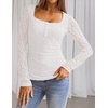 MEROKEETY Womens Fall Lace Mesh Long Sleeve Blouse Tops Dressy Henley Shirt | 2026, Casual, Square Neck, Jacquard, Sheer, Fitted, Cinched Waist, Ruched, Date Night, Club, Going out, Fashion Outfit(White)