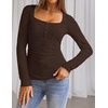 MEROKEETY Womens Fall Lace Mesh Long Sleeve Blouse Tops Dressy Henley Shirt | 2026, Casual, Square Neck, Jacquard, Sheer, Fitted, Cinched Waist, Ruched, Date Night, Club, Going out, Fashion Outfit(Coffee)