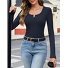 MEROKEETY Womens Fall Long Sleeve Fitted Henley T Shirt Top 2026 Trendy | Fashion Must Have, Crew Neck, Casual, Ribbed Knit, Buttons, Basic, Soft, Lightweight, Flattering, Cute, Cinched Waist(Navy)