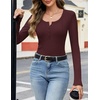 MEROKEETY Womens Fall Long Sleeve Fitted Henley T Shirt Top 2026 Trendy | Fashion Must Have, Crew Neck, Casual, Ribbed Knit, Buttons, Basic, Soft, Lightweight, Flattering, Cute, Cinched Waist(Burgundy)