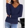 MEROKEETY Women’s Fall Puff Long Sleeve Business Casual Tops | Scalloped V Neck, Cute, Trendy, Dressy, Soft and Stretchy, Work T-Shirt, Ribbed Knit, Fitted Blouse, Going Out Clothes(Navy)