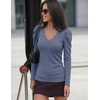 MEROKEETY Women’s Fall Puff Long Sleeve Business Casual Tops | Scalloped V Neck, Cute, Trendy, Dressy, Soft and Stretchy, Work T-Shirt, Ribbed Knit, Fitted Blouse, Going Out Clothes(Dusty Blue)