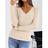 MEROKEETY Women’s Fall Puff Long Sleeve Business Casual Tops | Scalloped V Neck, Cute, Trendy, Dressy, Soft and Stretchy, Work T-Shirt, Ribbed Knit, Fitted Blouse, Going Out Clothes(Apricot)