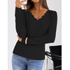 MEROKEETY Women’s Fall Puff Long Sleeve Business Casual Tops | Scalloped V Neck, Cute, Trendy, Dressy, Soft and Stretchy, Work T-Shirt, Ribbed Knit, Fitted Blouse, Going Out Clothes(Black)