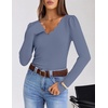 MEROKEETY Women’s Fall Puff Long Sleeve Business Casual Tops | Scalloped V Neck, Cute, Trendy, Dressy, Soft and Stretchy, Work T-Shirt, Ribbed Knit, Fitted Blouse, Going Out Clothes(Dusty Blue)