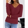 MEROKEETY Women’s Fall Puff Long Sleeve Business Casual Tops | Scalloped V Neck, Cute, Trendy, Dressy, Soft and Stretchy, Work T-Shirt, Ribbed Knit, Fitted Blouse, Going Out Clothes(Wine)