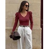 MEROKEETY Women’s Fall Puff Long Sleeve Business Casual Tops | Scalloped V Neck, Cute, Trendy, Dressy, Soft and Stretchy, Work T-Shirt, Ribbed Knit, Fitted Blouse, Going Out Clothes(Wine)