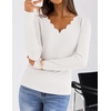 MEROKEETY Women’s Fall Puff Long Sleeve Business Casual Tops | Scalloped V Neck, Cute, Trendy, Dressy, Soft and Stretchy, Work T-Shirt, Ribbed Knit, Fitted Blouse, Going Out Clothes(White)