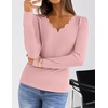 MEROKEETY Women’s Fall Puff Long Sleeve Business Casual Tops | Scalloped V Neck, Cute, Trendy, Dressy, Soft and Stretchy, Work T-Shirt, Ribbed Knit, Fitted Blouse, Going Out Clothes(Pink)