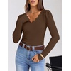 MEROKEETY Women’s Fall Puff Long Sleeve Business Casual Tops | Scalloped V Neck, Cute, Trendy, Dressy, Soft and Stretchy, Work T-Shirt, Ribbed Knit, Fitted Blouse, Going Out Clothes(Brown)