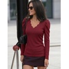 MEROKEETY Women’s Fall Puff Long Sleeve Business Casual Tops | Scalloped V Neck, Cute, Trendy, Dressy, Soft and Stretchy, Work T-Shirt, Ribbed Knit, Fitted Blouse, Going Out Clothes(Wine)