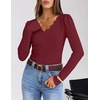 MEROKEETY Women’s Fall Puff Long Sleeve Business Casual Tops | Scalloped V Neck, Cute, Trendy, Dressy, Soft and Stretchy, Work T-Shirt, Ribbed Knit, Fitted Blouse, Going Out Clothes(Wine)