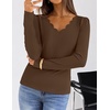 MEROKEETY Women’s Fall Puff Long Sleeve Business Casual Tops | Scalloped V Neck, Cute, Trendy, Dressy, Soft and Stretchy, Work T-Shirt, Ribbed Knit, Fitted Blouse, Going Out Clothes(Brown)