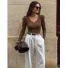 MEROKEETY Women’s Fall Puff Long Sleeve Business Casual Tops | Scalloped V Neck, Cute, Trendy, Dressy, Soft and Stretchy, Work T-Shirt, Ribbed Knit, Fitted Blouse, Going Out Clothes(Brown)