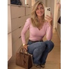 MEROKEETY Women’s Fall Puff Long Sleeve Business Casual Tops | Scalloped V Neck, Cute, Trendy, Dressy, Soft and Stretchy, Work T-Shirt, Ribbed Knit, Fitted Blouse, Going Out Clothes(Pink)