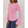 MEROKEETY Women’s Fall Trendy Boat Neck Bell Sleeve T Shirt | Textured, Wide Neckline, Long Sleeve, Slim Fit, Soft, Stretchy, Cozy Knit, Dressy Casual Blouse, 2026 Fall Fashion Outfits(Pink)