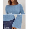 MEROKEETY Women’s Fall Trendy Boat Neck Bell Sleeve T Shirt | Textured, Wide Neckline, Long Sleeve, Slim Fit, Soft, Stretchy, Cozy Knit, Dressy Casual Blouse, 2026 Fall Fashion Outfits(Blue)