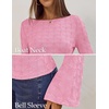 MEROKEETY Women’s Fall Trendy Boat Neck Bell Sleeve T Shirt | Textured, Wide Neckline, Long Sleeve, Slim Fit, Soft, Stretchy, Cozy Knit, Dressy Casual Blouse, 2026 Fall Fashion Outfits(Pink)