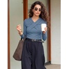 MEROKEETY Womens Long Sleeve Business Casual Criss Cross Tops 2026 Trendy | Work Office Shirts, Ruched Fitted Dressy Blouses, V Neck, Going Out, Elegant Outfits, Fall Fashion, Layering Winter Clothing(Dusty Blue)