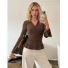 MEROKEETY Women’s Long Sleeve Button Down Shirts 2026 Fall Ruched Collared V Neck Tops Ruffle Knit Business Casual Blouses(Brown)
