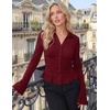 MEROKEETY Women’s Long Sleeve Button Down Shirts 2026 Fall Ruched Collared V Neck Tops Ruffle Knit Business Casual Blouses(Wine)