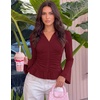 MEROKEETY Women’s Long Sleeve Button Down Shirts 2026 Fall Ruched Collared V Neck Tops Ruffle Knit Business Casual Blouses(Wine)
