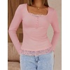 MEROKEETY Womens Long Sleeve Lace Trim Tops 2026 Cute Scoop Neck Going Out | Fitted shirts, Ribbed Knit Stretchy Blouses, Button Basic Tees, Trendy Y2K Outfits, Fall Fashion, Layering Winter Clothing(Pink)