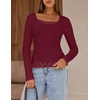 MEROKEETY Womens Long Sleeve Lace Trim Tops 2026 Cute Scoop Neck Going Out | Fitted shirts, Ribbed Knit Stretchy Blouses, Button Basic Tees, Trendy Y2K Outfits, Fall Fashion, Layering Winter Clothing(Wine Red)
