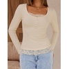 MEROKEETY Womens Long Sleeve Lace Trim Tops 2026 Cute Scoop Neck Going Out | Fitted shirts, Ribbed Knit Stretchy Blouses, Button Basic Tees, Trendy Y2K Outfits, Fall Fashion, Layering Winter Clothing(Apricot)
