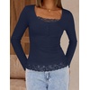 MEROKEETY Womens Long Sleeve Lace Trim Tops 2026 Cute Scoop Neck Going Out | Fitted shirts, Ribbed Knit Stretchy Blouses, Button Basic Tees, Trendy Y2K Outfits, Fall Fashion, Layering Winter Clothing(Navy)