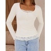 MEROKEETY Womens Long Sleeve Lace Trim Tops 2026 Cute Scoop Neck Going Out | Fitted shirts, Ribbed Knit Stretchy Blouses, Button Basic Tees, Trendy Y2K Outfits, Fall Fashion, Layering Winter Clothing(White)