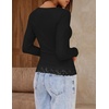 MEROKEETY Womens Long Sleeve Lace Trim Tops 2026 Cute Scoop Neck Going Out | Fitted shirts, Ribbed Knit Stretchy Blouses, Button Basic Tees, Trendy Y2K Outfits, Fall Fashion, Layering Winter Clothing(Black)