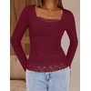 MEROKEETY Womens Long Sleeve Lace Trim Tops 2026 Cute Scoop Neck Going Out | Fitted shirts, Ribbed Knit Stretchy Blouses, Button Basic Tees, Trendy Y2K Outfits, Fall Fashion, Layering Winter Clothing(Wine Red)