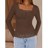 MEROKEETY Womens Long Sleeve Lace Trim Tops 2026 Cute Scoop Neck Going Out | Fitted shirts, Ribbed Knit Stretchy Blouses, Button Basic Tees, Trendy Y2K Outfits, Fall Fashion, Layering Winter Clothing(Coffee)