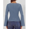 MEROKEETY Women’s Long Sleeve Peplum Shirts 2026 Dressy Fall Casual Tops | Ruched Waist, Crew Neckline, Flared Sleeves, Slim Fit, Business Casual, Work Office Outfit, Going Out, Elegant Trendy Blouses(Dustyblue)