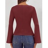 MEROKEETY Women’s Long Sleeve Peplum Shirts 2026 Dressy Fall Casual Tops | Ruched Waist, Crew Neckline, Flared Sleeves, Slim Fit, Business Casual, Work Office Outfit, Going Out, Elegant Trendy Blouses(Wine)