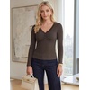 MEROKEETY Women’s Long Sleeve V Neck Lace Trim Cute Tops | Ribbed Tshirt, Knit Henley Shirts, Ruched Fitted Going Out Blouses, Trendy Y2K Outfits, Fall Fashion Layering Clothing(Coffee)