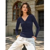 MEROKEETY Women’s Long Sleeve V Neck Lace Trim Cute Tops | Ribbed Tshirt, Knit Henley Shirts, Ruched Fitted Going Out Blouses, Trendy Y2K Outfits, Fall Fashion Layering Clothing(Navy)
