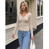 MEROKEETY Women’s Long Sleeve V Neck Lace Trim Cute Tops | Ribbed Tshirt, Knit Henley Shirts, Ruched Fitted Going Out Blouses, Trendy Y2K Outfits, Fall Fashion Layering Clothing(Sand)