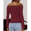 MEROKEETY Women’s Off The Shoulder Long Sleeve Lace Tops | Slim Fitted Shirts, Going Out Tops, 2026 Fall Fashion, Cute, Y2k, Stretchy Fabric, Solid Color Lightweight Floral Knit Tee(Wine)