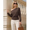MEROKEETY Women’s Off The Shoulder Tops Long Sleeve Fall Going Out Shirts | One Shoulder, Cinched Waist, Loose Fit, 2026 Y2K Fashion, Cotton, Party, Date Night, Casual Shirts, Elegant Trendy Blouses(Chocolate)