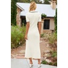 MEROKEETY Women’s Spring Summer Ribbed Maxi Dress 2026 Bodycon V Neck Button Short Sleeve Slim Fit Knit Sweater Dresses(Beige)