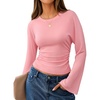 MEROKEETY Women’s Bell Long Sleeve Tops Going Out Trendy Fall 2026 Shirts | Elegant Crew Neck Shirt, Ruched Side Crop Blouse, Y2K Fashion, Cotton Fabric, Business Casual Work Date, Western Cute Clothes(Pink)