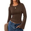 MEROKEETY Women’s Bell Long Sleeve Tops Going Out Trendy Fall 2026 Shirts | Elegant Crew Neck Shirt, Ruched Side Crop Blouse, Y2K Fashion, Cotton Fabric, Business Casual Work Date, Western Cute Clothes(Coffee)