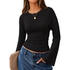 MEROKEETY Women’s Bell Long Sleeve Tops Going Out Trendy Fall 2026 Shirts | Elegant Crew Neck Shirt, Ruched Side Crop Blouse, Y2K Fashion, Cotton Fabric, Business Casual Work Date, Western Cute Clothes(Black)