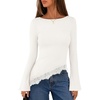 MEROKEETY Women’s Fall Asymmetrical Lace Boat Neck Long Sleeve Ribbed Tops | Fitted T-Shirt, Ruched Accent, Side Slit Clothes, Stretchy Knit Fabric, Work Blouses, Y2K Going Out Outfits, Fashion Clothing(White)