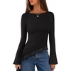 MEROKEETY Women’s Fall Asymmetrical Lace Boat Neck Long Sleeve Ribbed Tops | Fitted T-Shirt, Ruched Accent, Side Slit Clothes, Stretchy Knit Fabric, Work Blouses, Y2K Going Out Outfits, Fashion Clothing(Black)