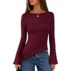 MEROKEETY Women’s Fall Asymmetrical Lace Boat Neck Long Sleeve Ribbed Tops | Fitted T-Shirt, Ruched Accent, Side Slit Clothes, Stretchy Knit Fabric, Work Blouses, Y2K Going Out Outfits, Fashion Clothing(Wine)